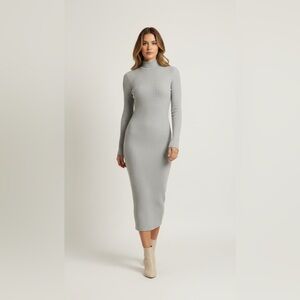 Light Gray Ribbed Mock Neck Bodycon Maxi Dress
